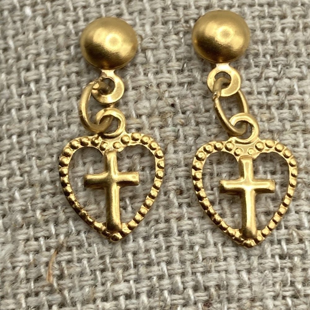Heart Cross Small Gold Tone Cut out Dangle .05" EARRINGS